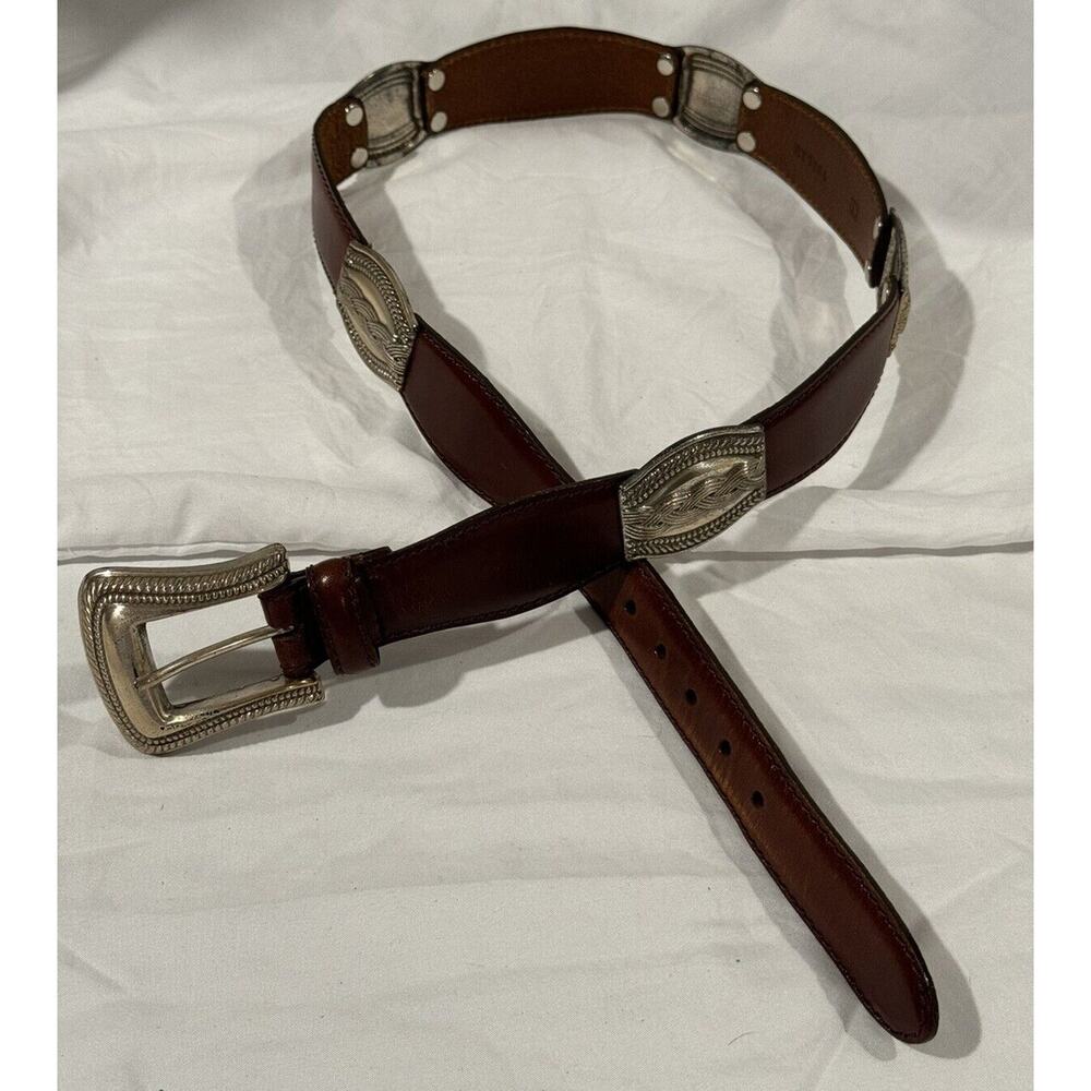 Fossil Brown Leather Belt Size Large Silvertone Concho Medallions West Southwest